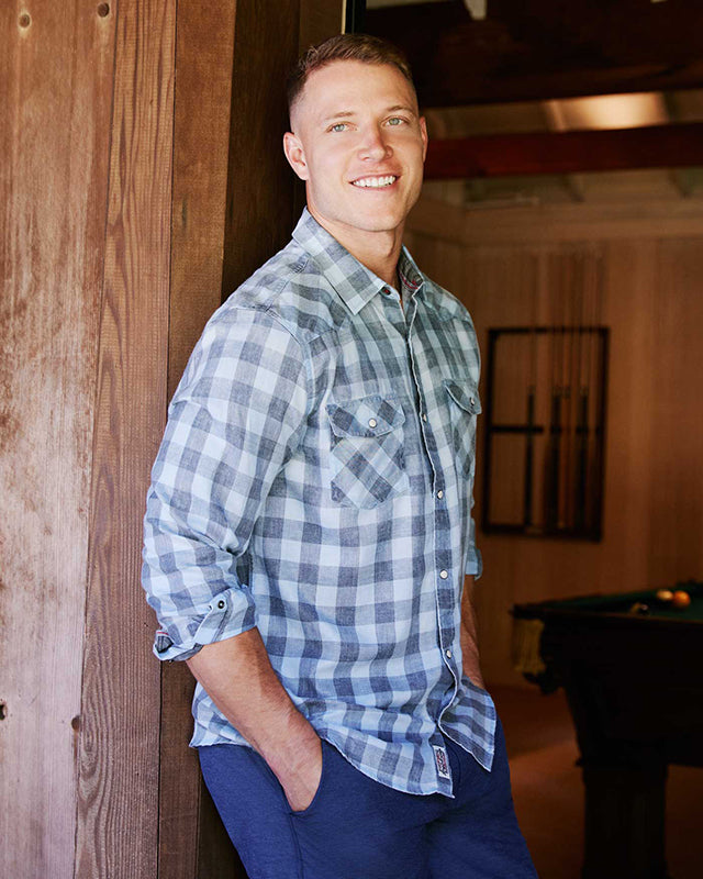 Model Wearing Flag & Anthem Cabot Long Sleeved Shirt in Blue/Black Buffalo Plaid, Front stylized View