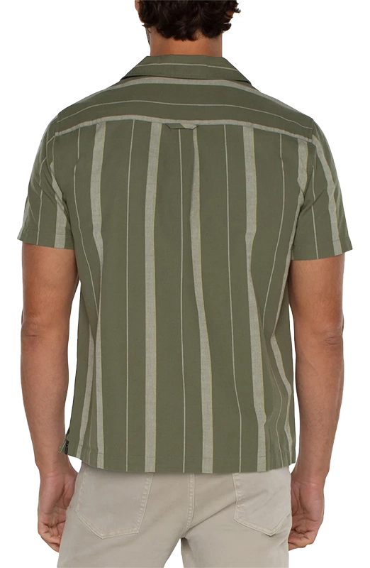 Liverpool short sleeve Camp Shirt in olive with ivory tripe, rear  view