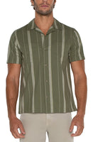 Liverpool short sleeve Camp Shirt in olive with ivory tripe, front view