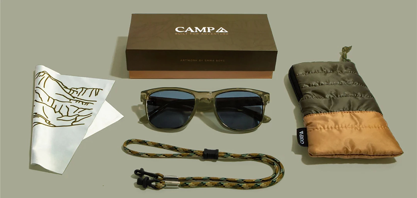 Camp Trail Limited edition Glacier Packaging that includes: Box, Graphic cleaning cloth, pouch and glasses tether