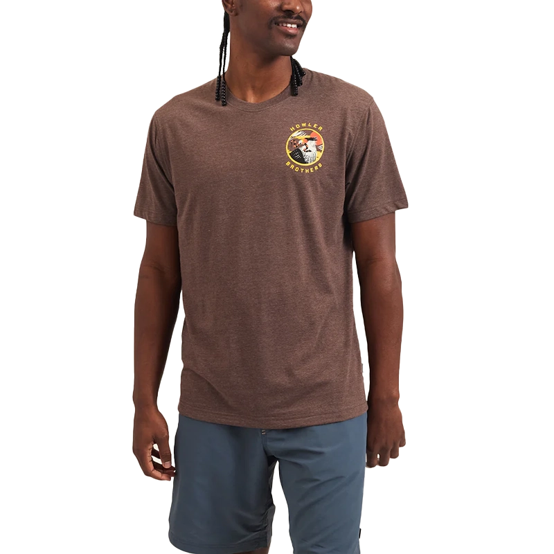 Model Wearing Howler Brothers Caracaras T-shirt in Espresso Color, Front  view