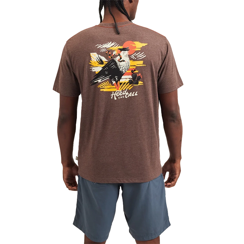 Model Wearing Howler Brothers Caracaras T-shirt in Espresso Color, rear view