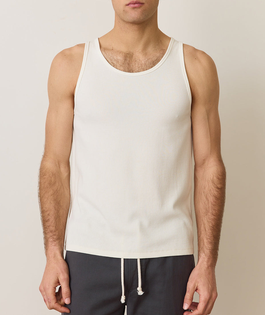 Close-up of men’s white ribbed tank top fabric and scoop neckline