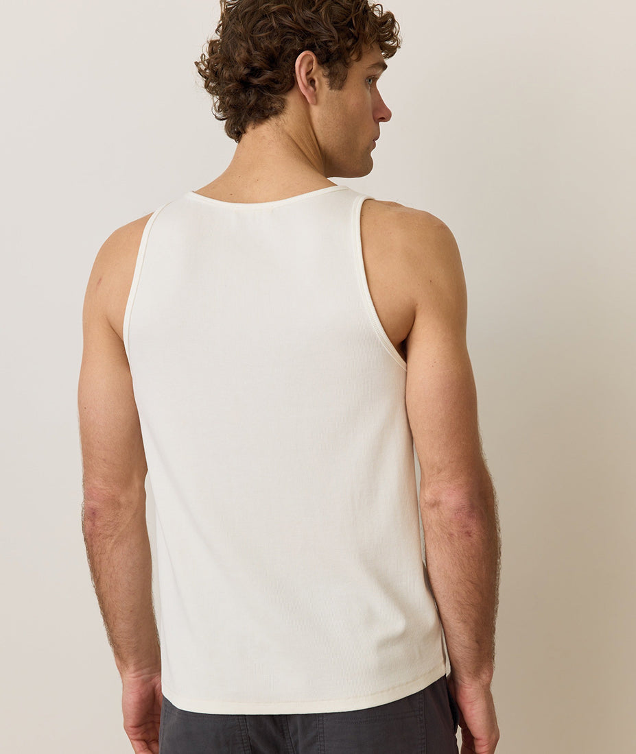 Men’s white ribbed tank top back view showing clean lines and fit