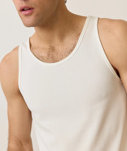 Men’s white ribbed tank top worn with drawstring pants, casual everyday outfit