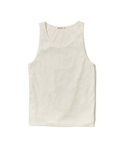 Men’s white ribbed tank top laid flat showing shape and construction