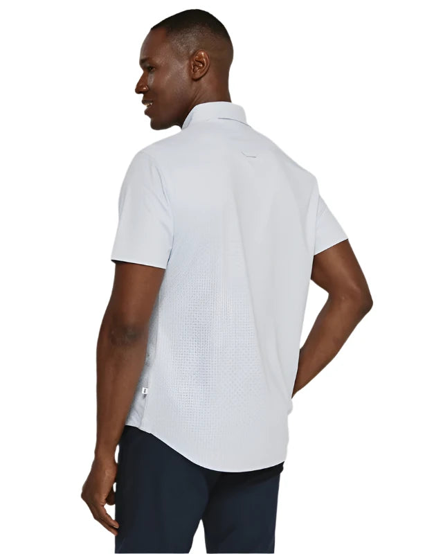 Model Wearing 7 Diamonds Cassian short sleeve shirt in light blue colorway, rear view