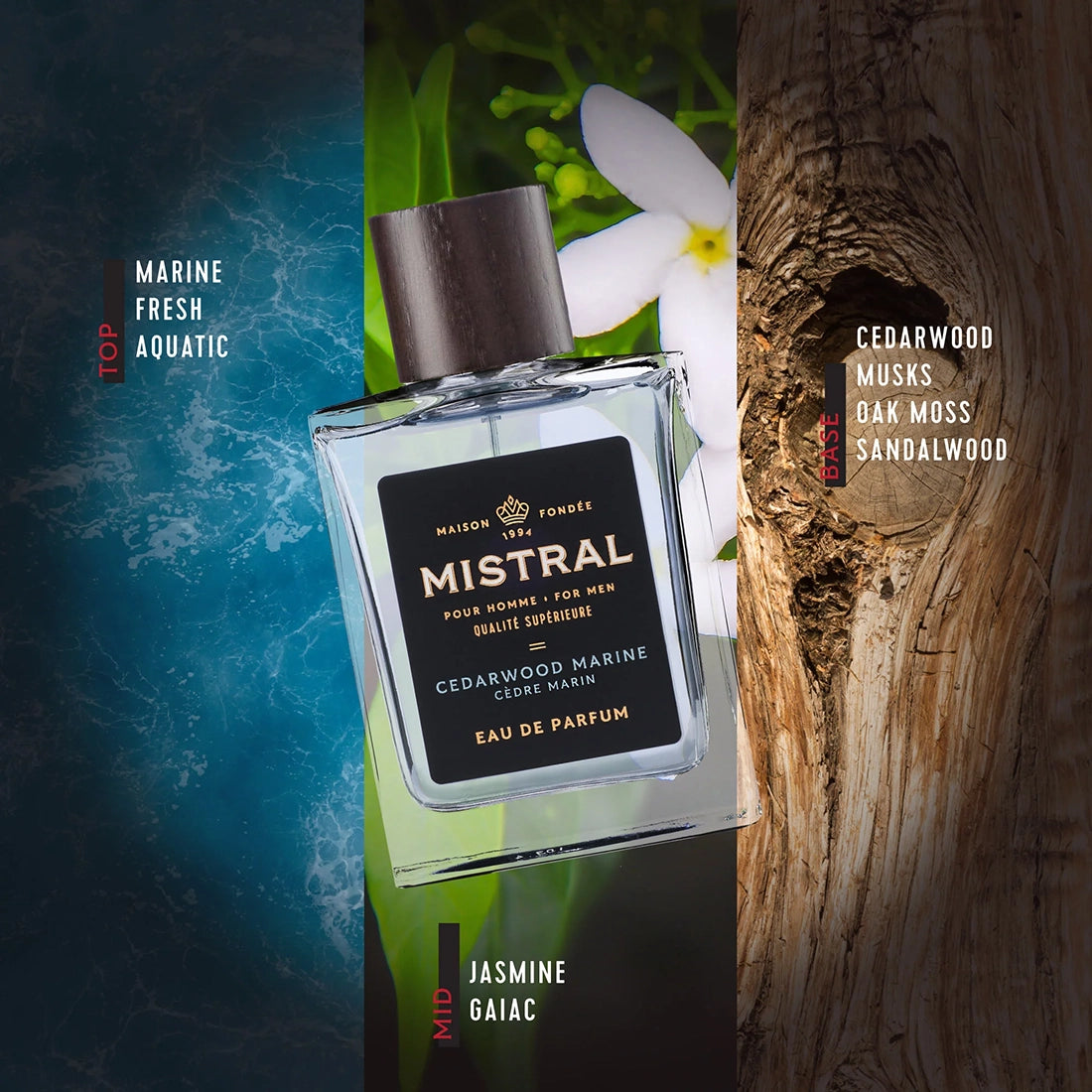 Mistral Cedarwood Marine Eau de Parfum bottle shown with marine water, jasmine flower, and cedarwood textures highlighting its top, mid, and base notes
