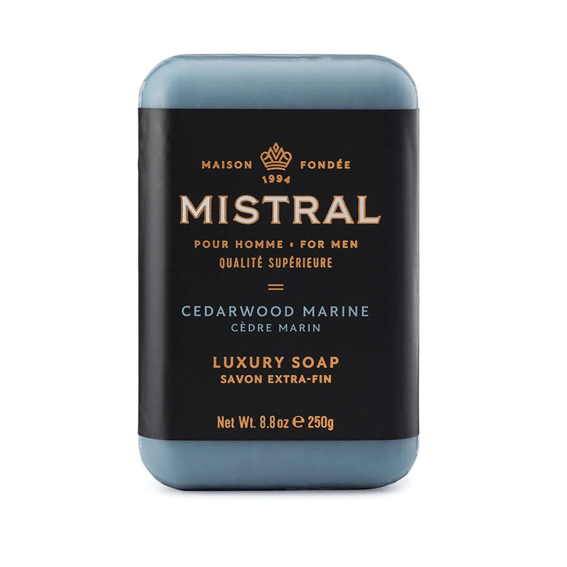 Mistral Cedarwood Marine Bar soap in packaging front view