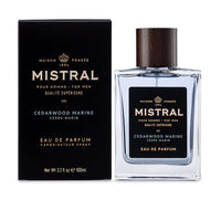 Mistral Cedarwood Marine Eau de Parfum bottle and black packaging box on a clean white background.