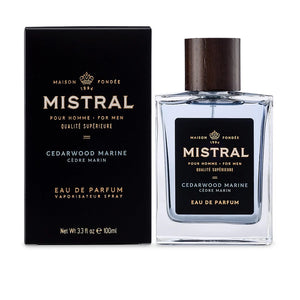 Mistral Cedarwood Marine Eau de Parfum bottle and black packaging box on a clean white background.