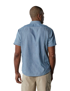 Model Wearing The Normal Brand Chambray Short sleeve shirt, rear  view