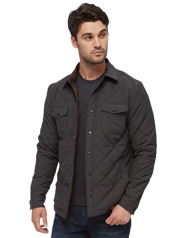 Model wearing Flag & Anthem Chapin Shirt Jacket in Charcoal, Front view