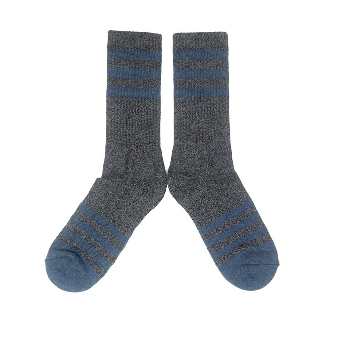 Charcoal heathered cotton blend sock with blue woven stripes, flat lay