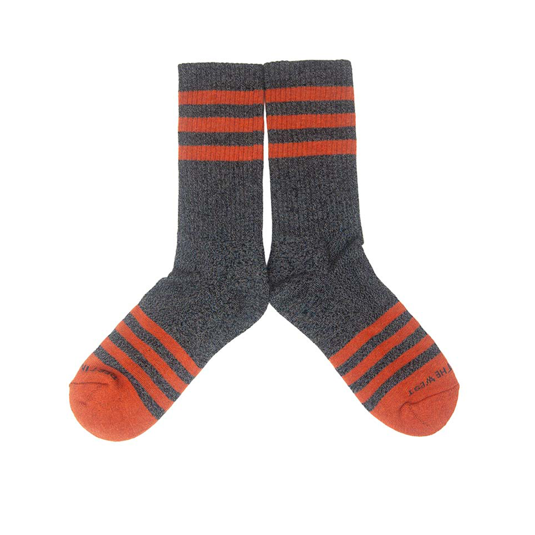 Charcoal heathered cotton blend sock with orange woven stripes, flat lay