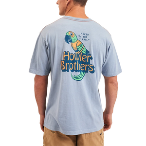 Model Wearing Howler Brothers Chatty Bird Cotton T-shirt, in dusty blue, rear  view
