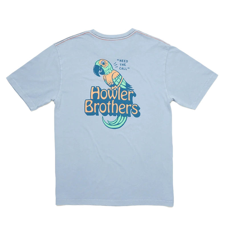 Howler Brothers Chatty Bird Cotton T-shirt, in dusty blue,, flat lay view
