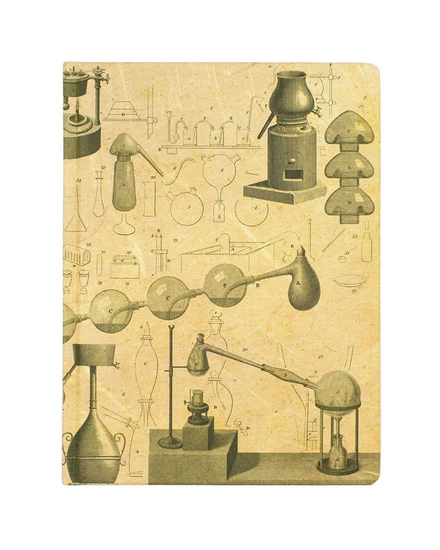 Chemistry Hardcover Notebook featuring antique laboratory engravings and alchemy symbols on a tan cover – The Simple Man
