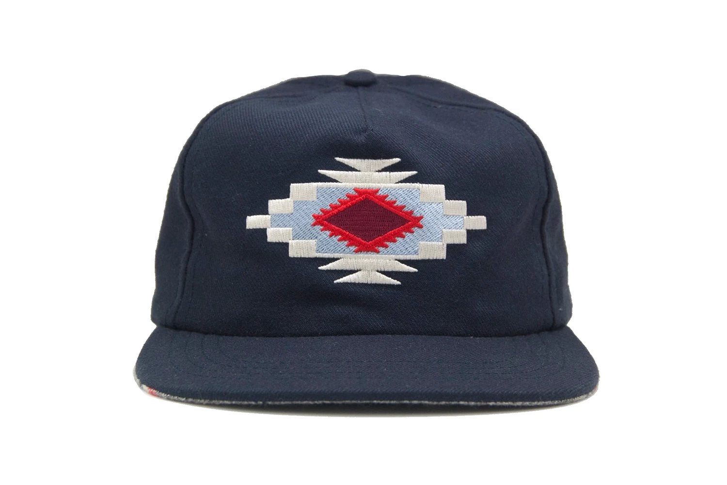 Front view of the Chimayo Wool Strapback Hat featuring Chimayo-style embroidered diamond pattern on a navy wool blend.