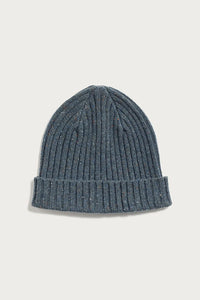 Top view of seaside blue chunky ribbed merino wool beanie — sustainable men’s winter accessory by The Simple Man