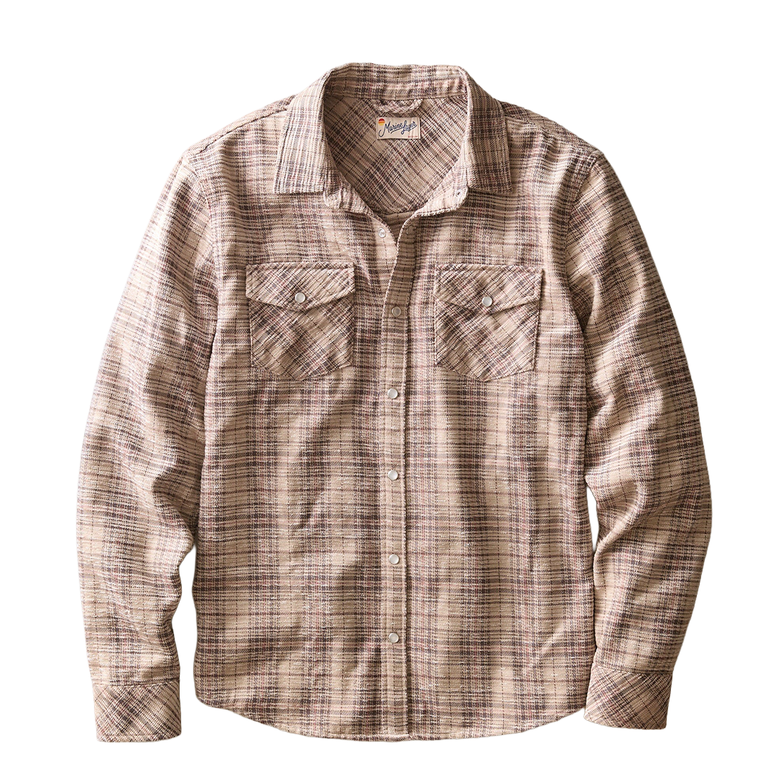 Brown plaid corduroy shirt with two snap flap chest pockets and a pearl snap front, flat lay