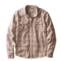 Brown plaid corduroy shirt with two snap flap chest pockets and a pearl snap front, flat lay