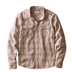 Brown plaid corduroy shirt with two snap flap chest pockets and a pearl snap front, flat lay
