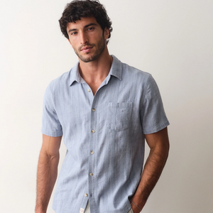 Marine Layer Classic Stretch Selvage Shirt blue back view showing selvage fabric texture
