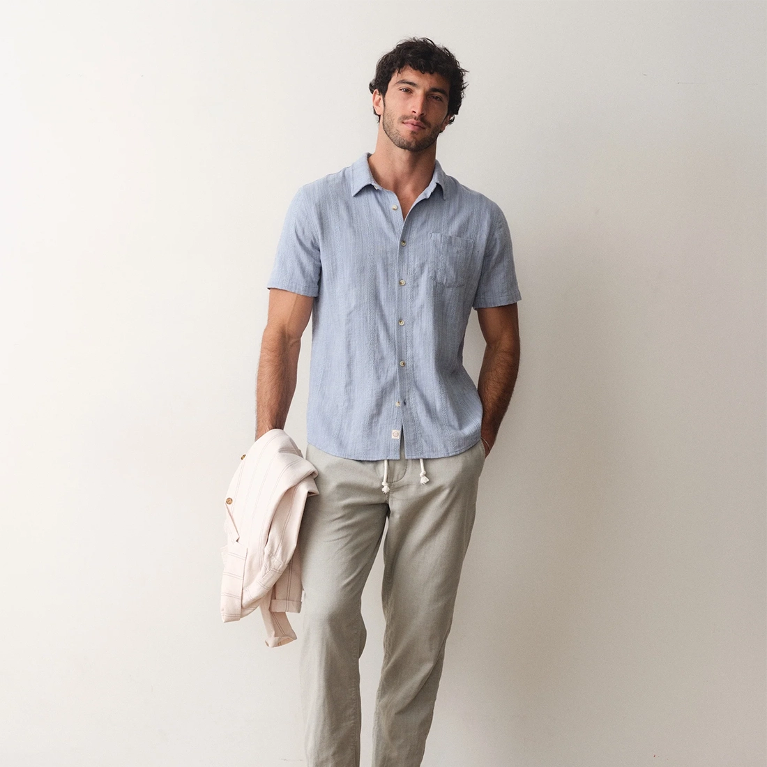 Marine Layer Classic Stretch Selvage Shirt blue detail showing selvage weave and chest pocket