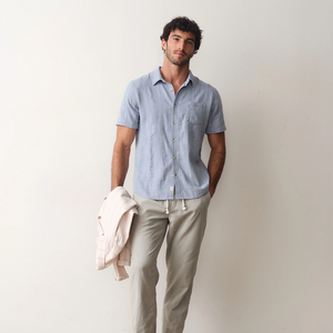 Marine Layer Classic Stretch Selvage Shirt blue detail showing selvage weave and chest pocket