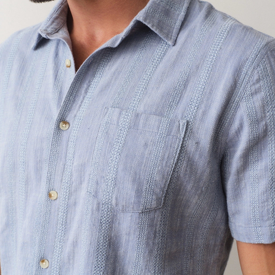 Marine Layer Classic Stretch Selvage Shirt blue lifestyle shot on model