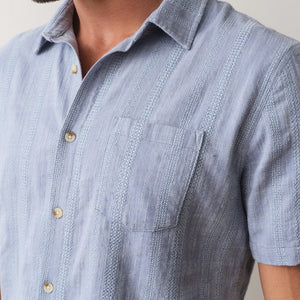 Marine Layer Classic Stretch Selvage Shirt blue lifestyle shot on model