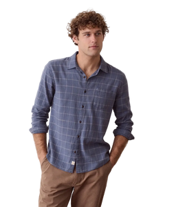 Man wearing Navy Windowpane stretch shirt, front view on model - The Simple Man