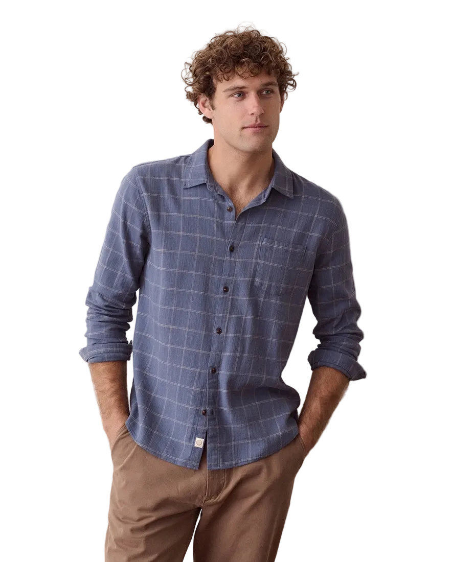 Man wearing Navy Windowpane stretch shirt, front view on model - The Simple Man