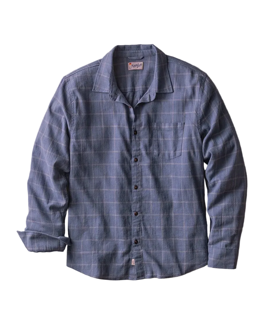 Navy Windowpane stretch shirt, cotton button-down, flat lay view - The Simple Man