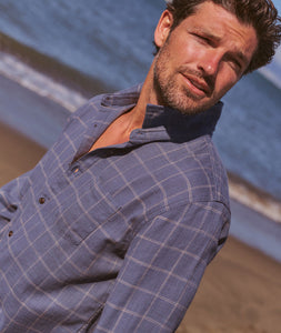 Navy Windowpane stretch shirt, lifestyle shot on model at the beach - The Simple Man