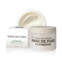 Claymation clay-wax jar and box, high hold matte hair styler, front view