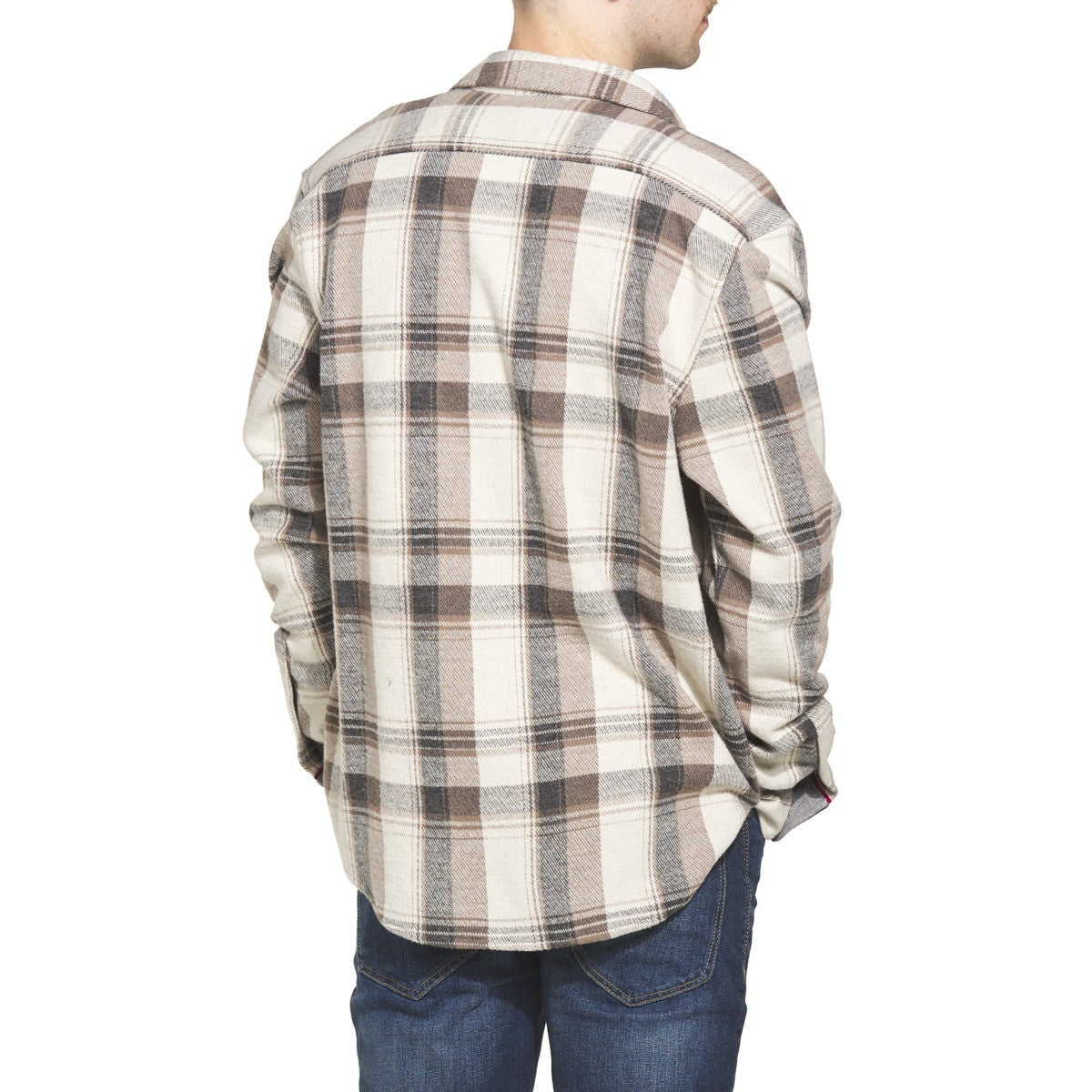 Back view of men's Flag & Anthem Clearbrook flannel shirt in cream plaid, shown with blue jeans – available at The Simple Man in Omaha