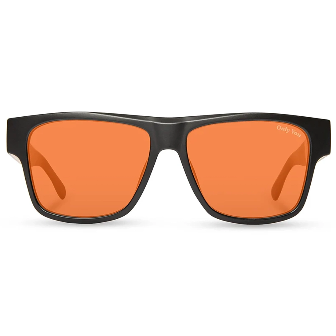 Sunglasses with black frame and orange lenses on a white background
