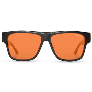 Sunglasses with black frame and orange lenses on a white background