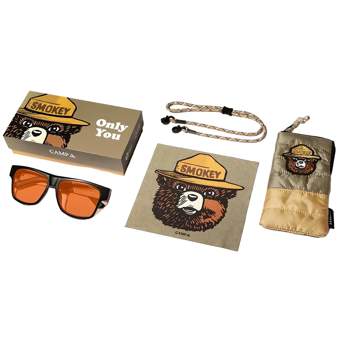 Collection of Smokey Bear-themed items including sunglasses, pouch, and lanyard on a white background.