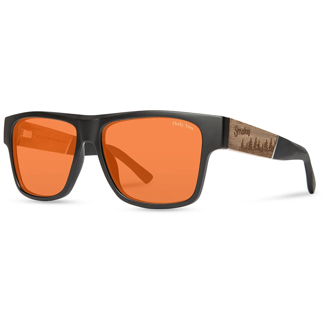 Sunglasses with orange lenses and black frame on a white background
