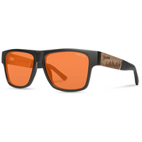 Sunglasses with orange lenses and black frame on a white background