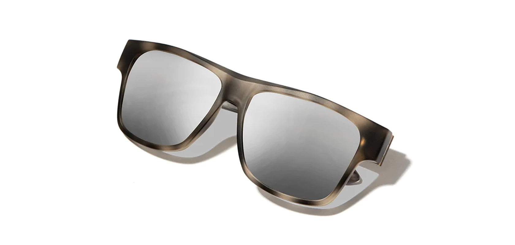 Shwood Camp- Cliff Sunglasses in Matte Grey Pearl / Walnut frames with Silver mirror polarized lenses, from angle closed view