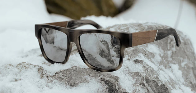 Shwood Camp- Cliff Sunglasses in Matte Grey Pearl / Walnut frames with Silver mirror polarized lenses, stylized open view