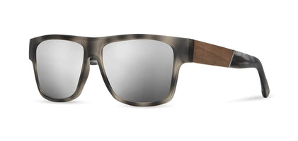 Shwood Camp- Cliff Sunglasses in Matte Grey Pearl / Walnut frames with Silver mirror polarized lenses, front angled view