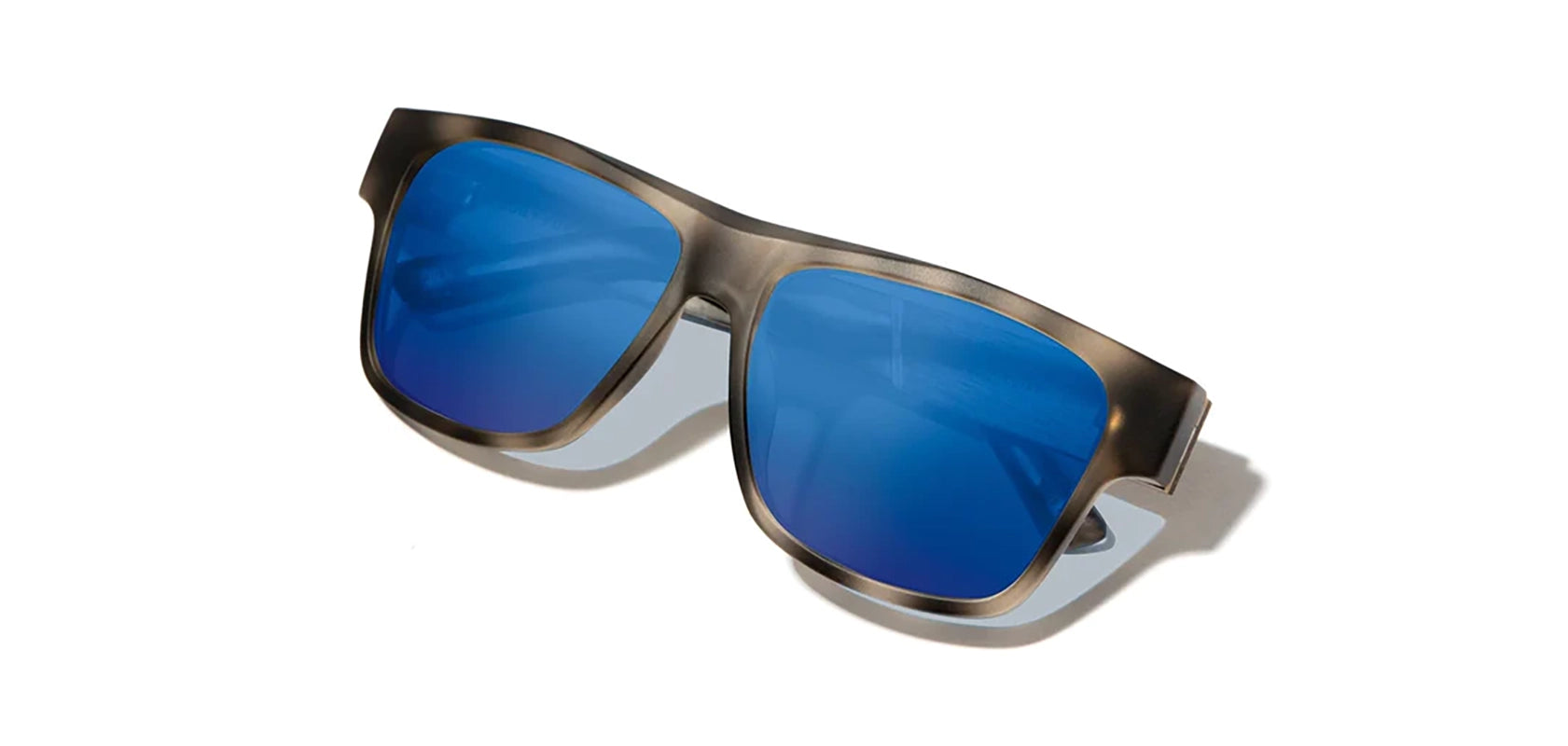 Shwood Camp- Cliff Sunglasses in Matte Grey Pearl / Walnut frames with HD polarized plus Blue Flash lenses, front angled closed view