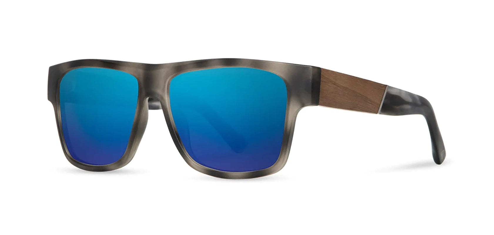 Shwood Camp- Cliff Sunglasses in Matte Grey Pearl / Walnut frames with HD polarized plus Blue Flash lenses, front angled view