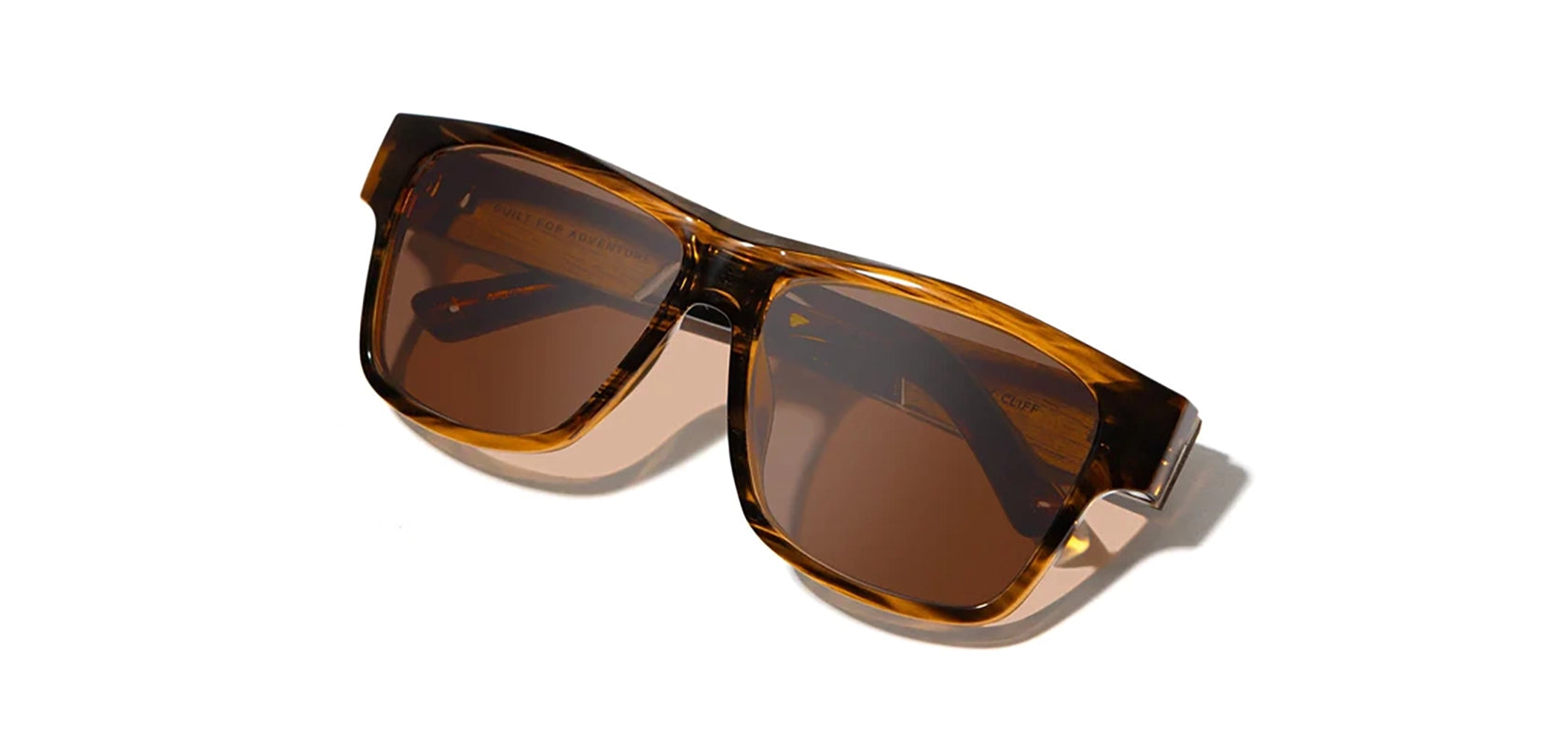 Shwood Camp - Cliff Sunglasses with Tortoise/walnut frames and Brown Polarized lenses, front angled closed temple view