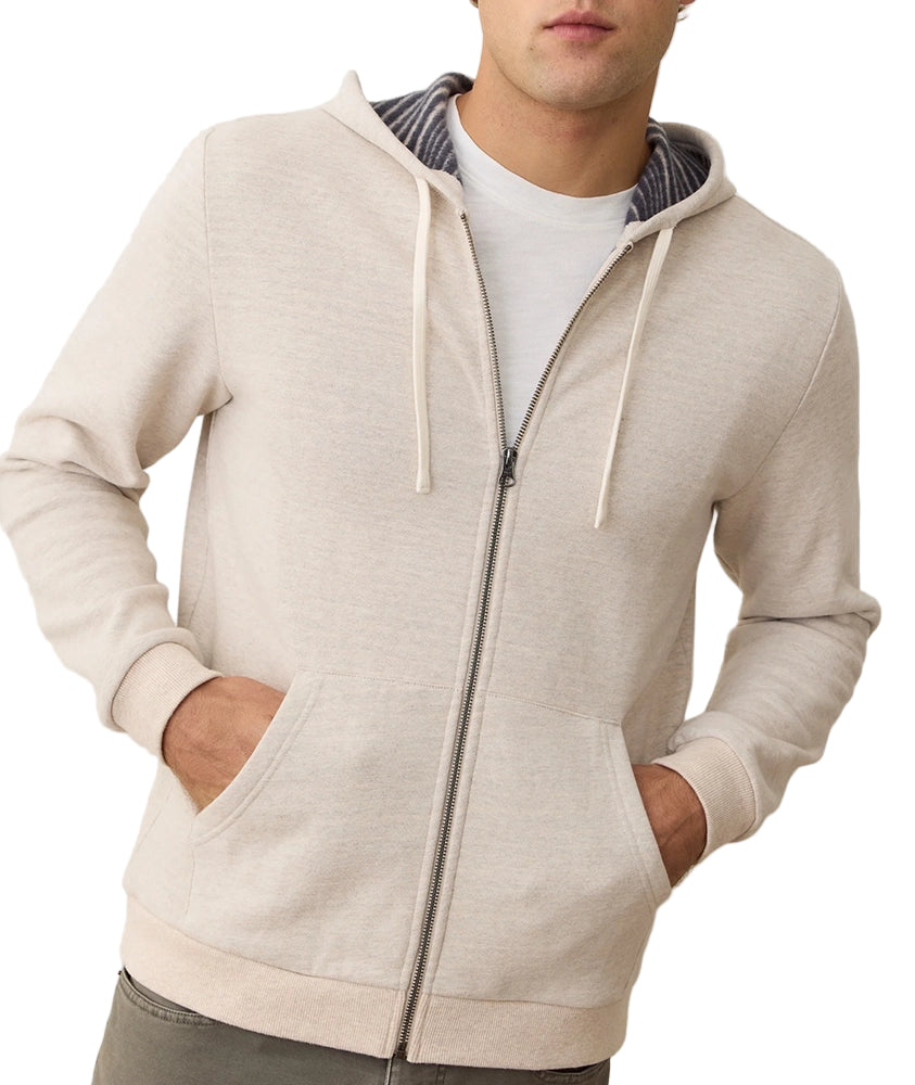 Cloud 9 Oatmeal Full Zip Hoodie – Front view with kangaroo pockets, drawstring hood, and zip closure – The Simple Man